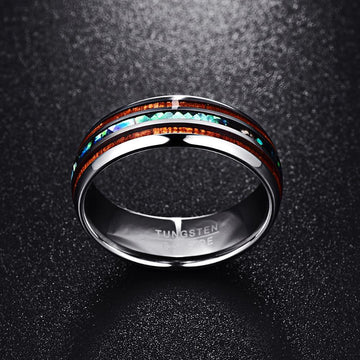 The Pink Pigs Mens Jewelry and Watches 9 Hawaiian Koa Wood and Abalone Shell Ring with Tungsten Carbide for Men, Comfort Fit Sizes 5-14